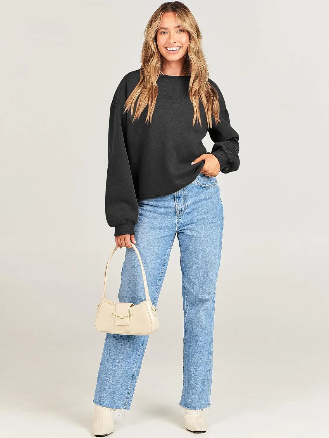 Caracilia Women's Crewneck Sweatshirts Oversized Fleece Hoodies Tops Casual Loose Pullover Sweaters 2024 Fall Clothes