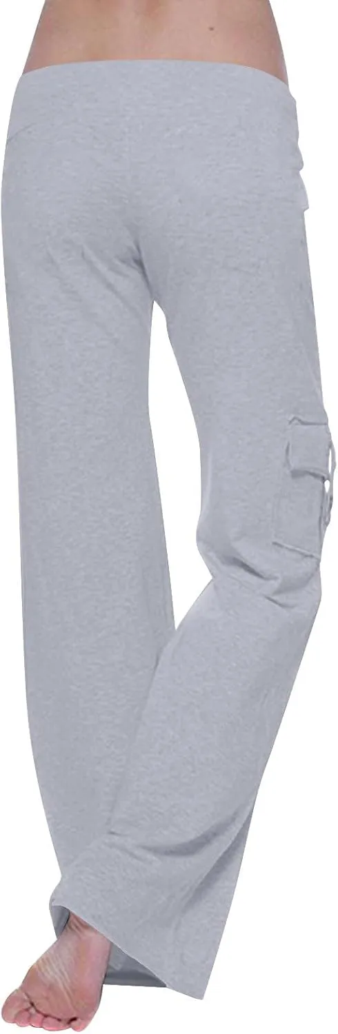 Cargo Pants Women Flare Leg Workout Pants Plus Size Yoga Pants with Pockets Drawstring High Waist Pants Casual Trouser