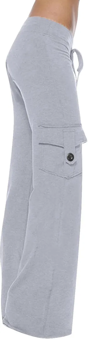 Cargo Pants Women Flare Leg Workout Pants Plus Size Yoga Pants with Pockets Drawstring High Waist Pants Casual Trouser