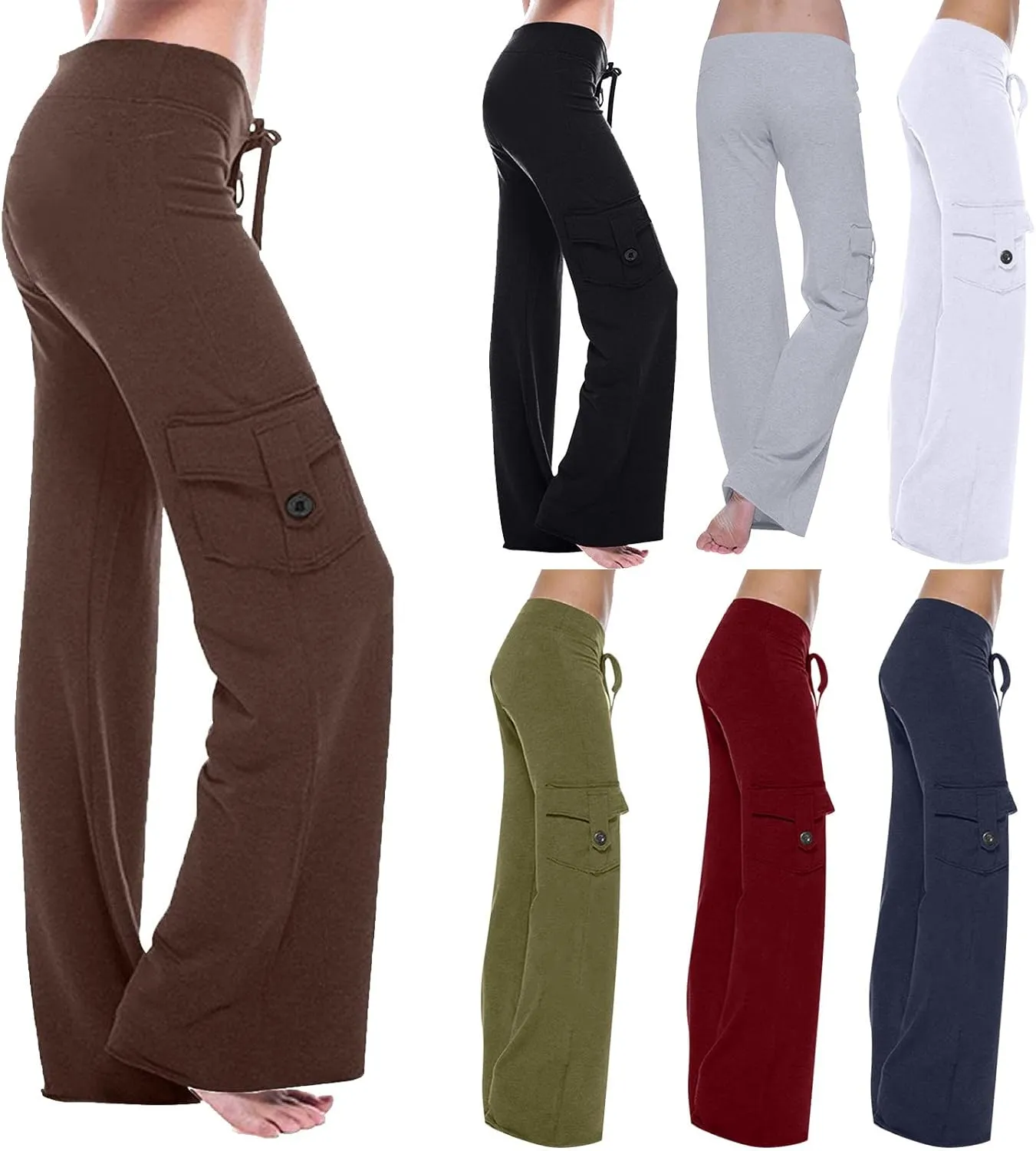 Cargo Pants Women Flare Leg Workout Pants Plus Size Yoga Pants with Pockets Drawstring High Waist Pants Casual Trouser