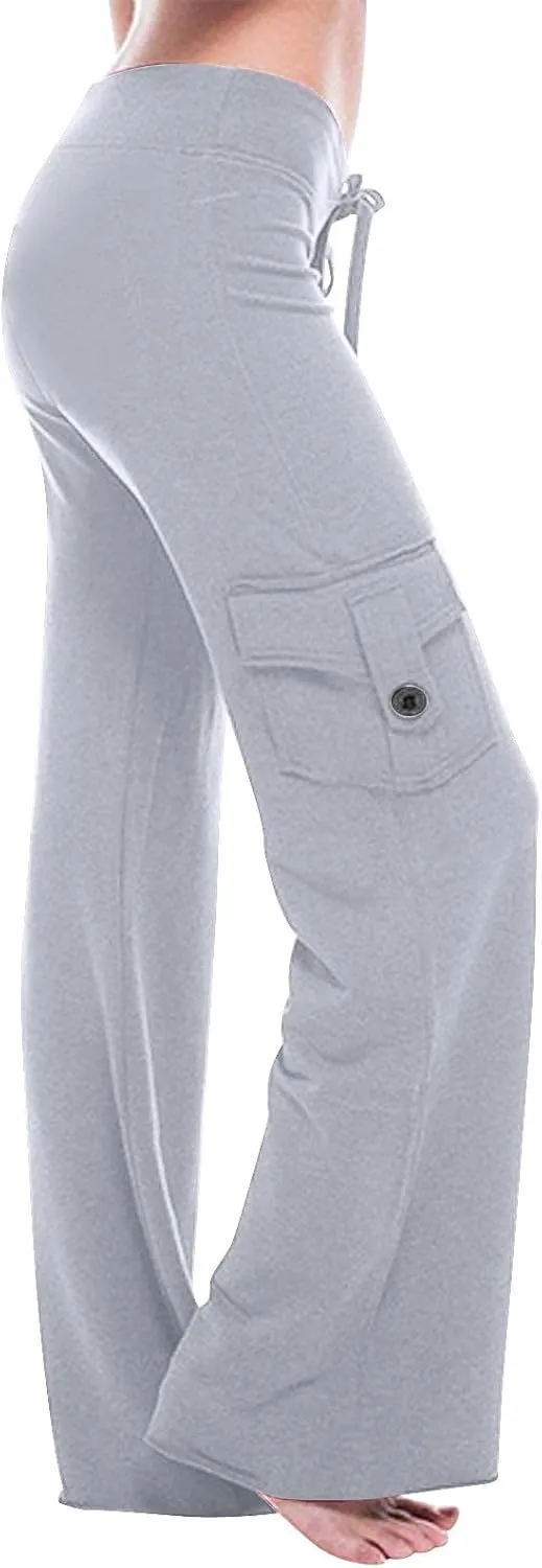 Cargo Pants Women Flare Leg Workout Pants Plus Size Yoga Pants with Pockets Drawstring High Waist Pants Casual Trouser