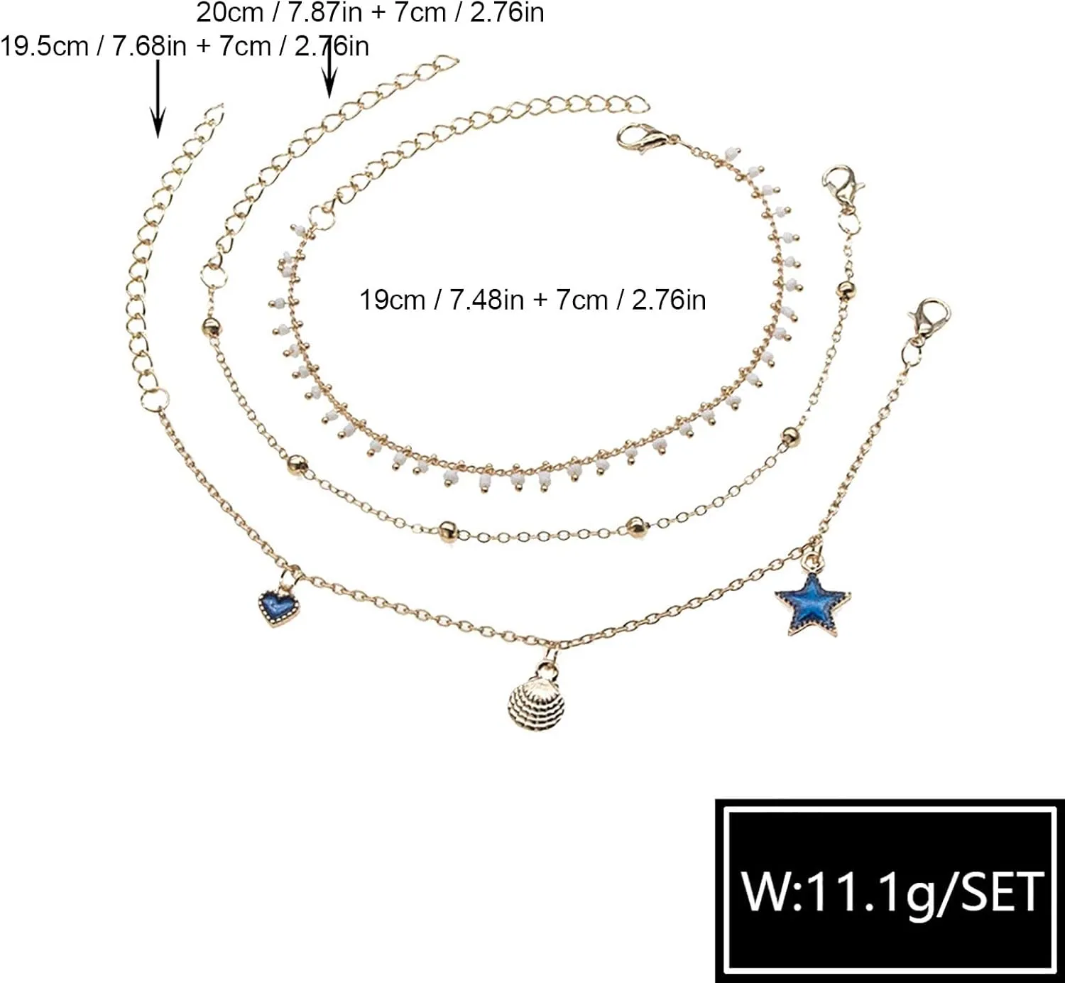 Carved Three Layer Tassel Five Pointed Star Anklet Anklet Jewelry Gift Girl Lady Wife Mother Bracelet Cord Ring Box Black (Gold, One Size)