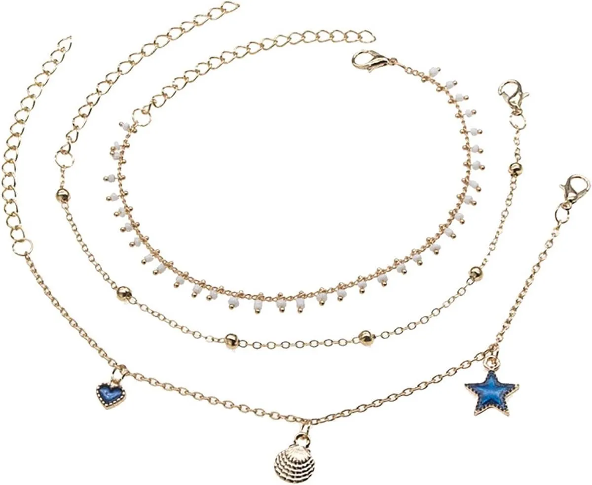 Carved Three Layer Tassel Five Pointed Star Anklet Anklet Jewelry Gift Girl Lady Wife Mother Bracelet Cord Ring Box Black (Gold, One Size)