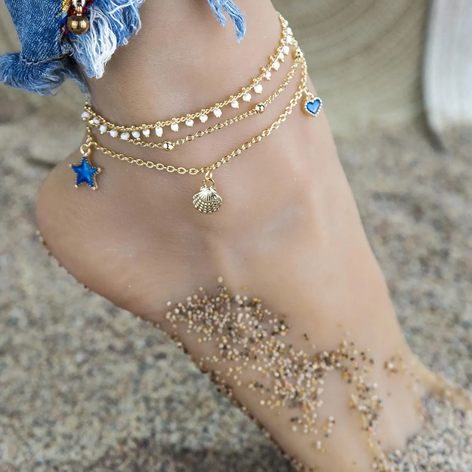 Carved Three Layer Tassel Five Pointed Star Anklet Anklet Jewelry Gift Girl Lady Wife Mother Bracelet Cord Ring Box Black (Gold, One Size)