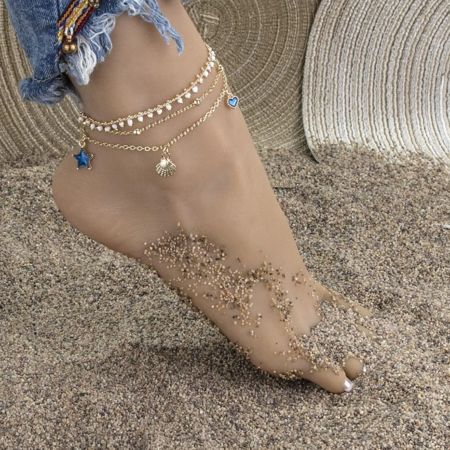 Carved Three Layer Tassel Five Pointed Star Anklet Anklet Jewelry Gift Girl Lady Wife Mother Bracelet Cord Ring Box Black (Gold, One Size)