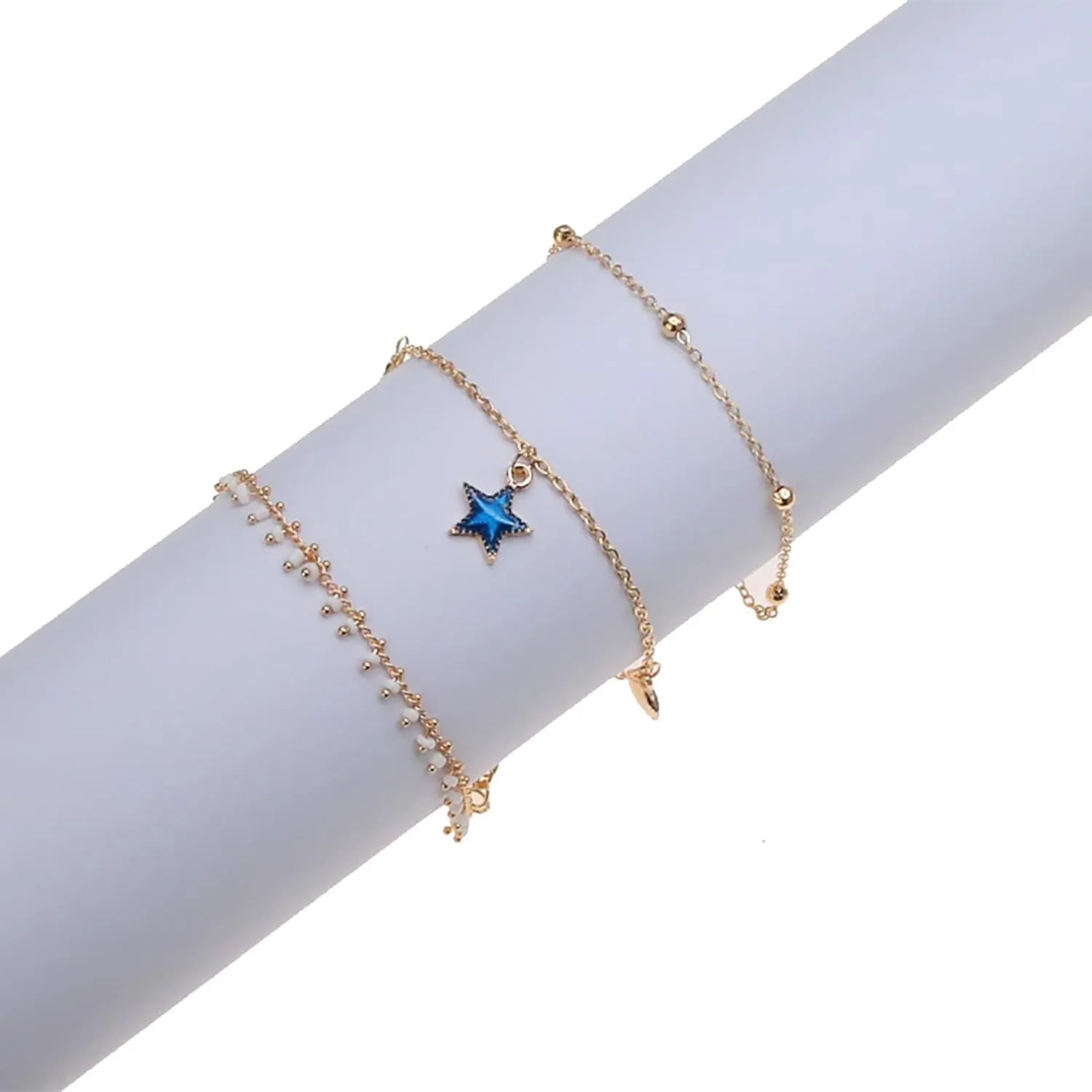 Carved Three Layer Tassel Five Pointed Star Anklet Anklet Jewelry Gift Girl Lady Wife Mother Bracelet Cord Ring Box Black (Gold, One Size)