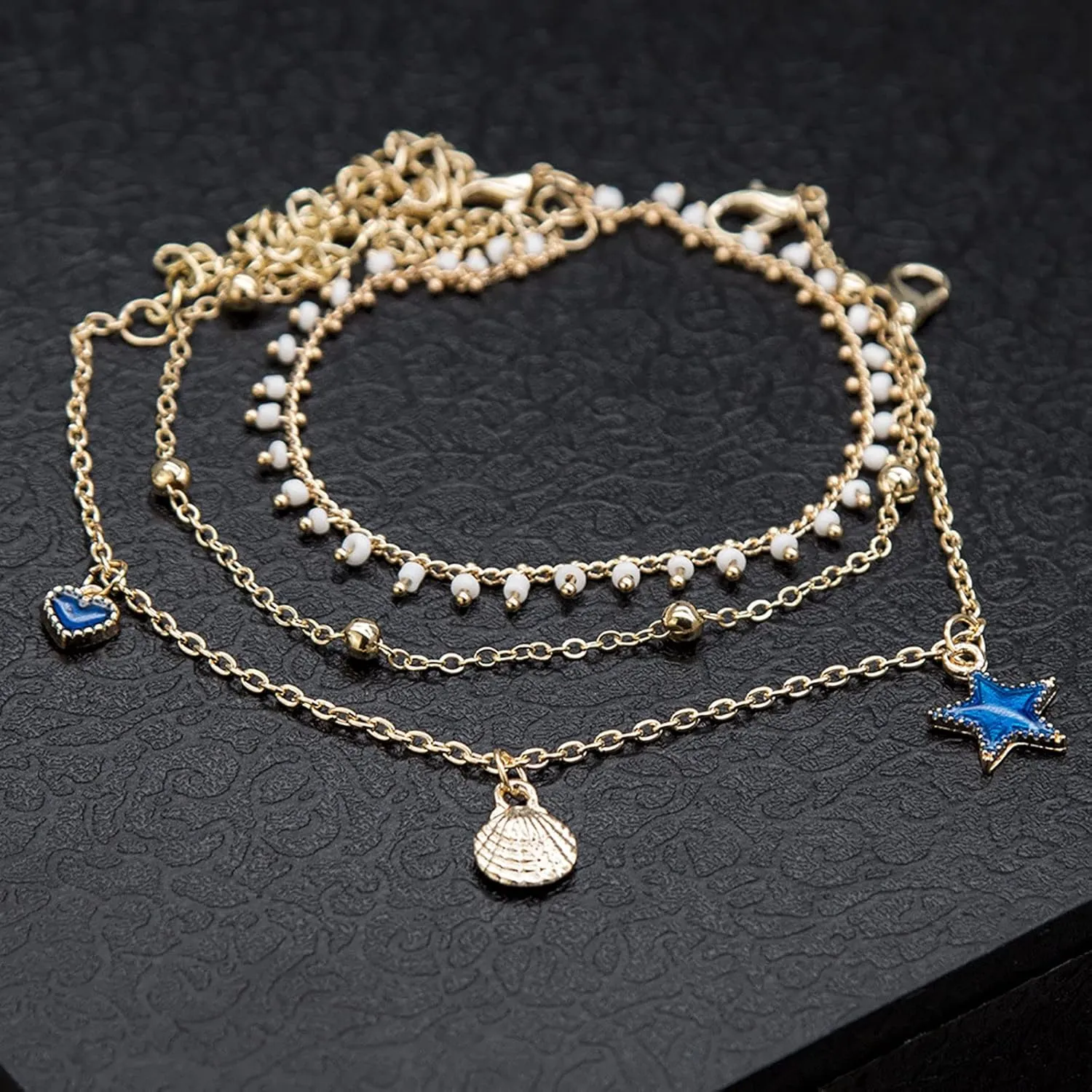 Carved Three Layer Tassel Five Pointed Star Anklet Anklet Jewelry Gift Girl Lady Wife Mother Bracelet Cord Ring Box Black (Gold, One Size)