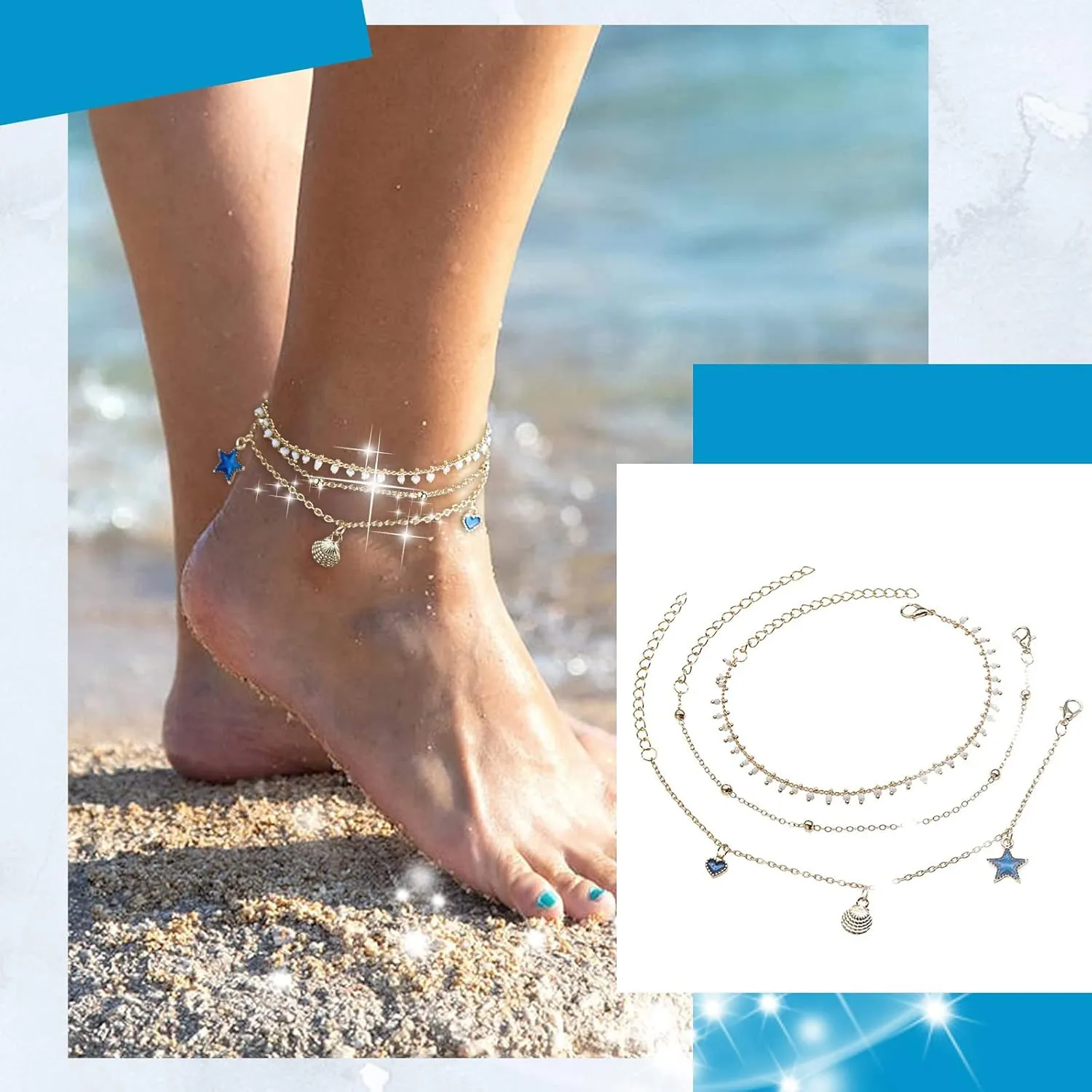 Carved Three Layer Tassel Five Pointed Star Anklet Anklet Jewelry Gift Girl Lady Wife Mother Bracelet Cord Ring Box Black (Gold, One Size)