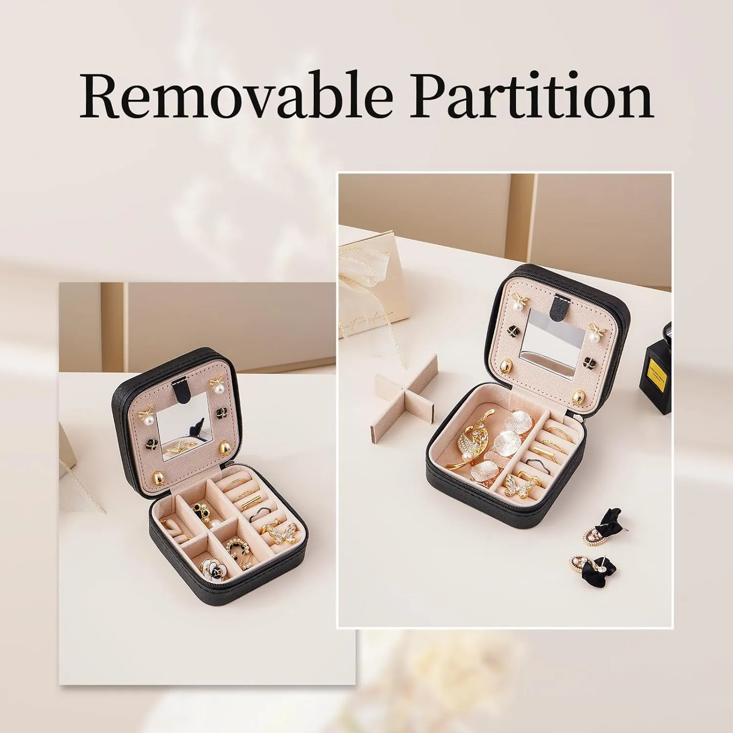 CASEGRACE Travel Jewelry Case, Small Jewelry Box with Mirror Design Portable Jewelry Travel Organizer Display Storage Case for Rings Earring Necklace Bracelet, Gift for Women, Black