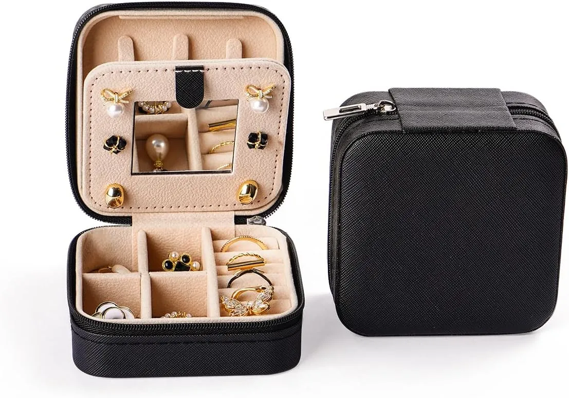 CASEGRACE Travel Jewelry Case, Small Jewelry Box with Mirror Design Portable Jewelry Travel Organizer Display Storage Case for Rings Earring Necklace Bracelet, Gift for Women, Black