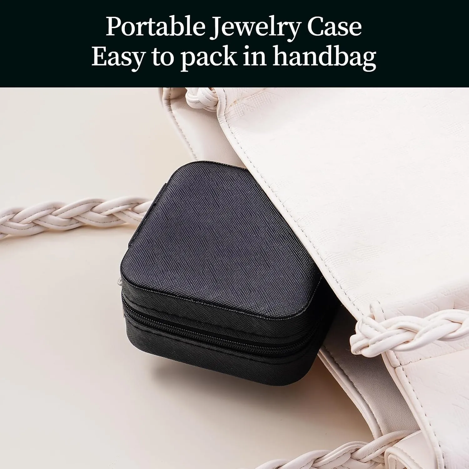 CASEGRACE Travel Jewelry Case, Small Jewelry Box with Mirror Design Portable Jewelry Travel Organizer Display Storage Case for Rings Earring Necklace Bracelet, Gift for Women, Black