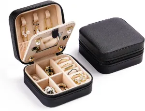 CASEGRACE Travel Jewelry Case, Small Jewelry Box with Mirror Design Portable Jewelry Travel Organizer Display Storage Case for Rings Earring Necklace Bracelet, Gift for Women, Black