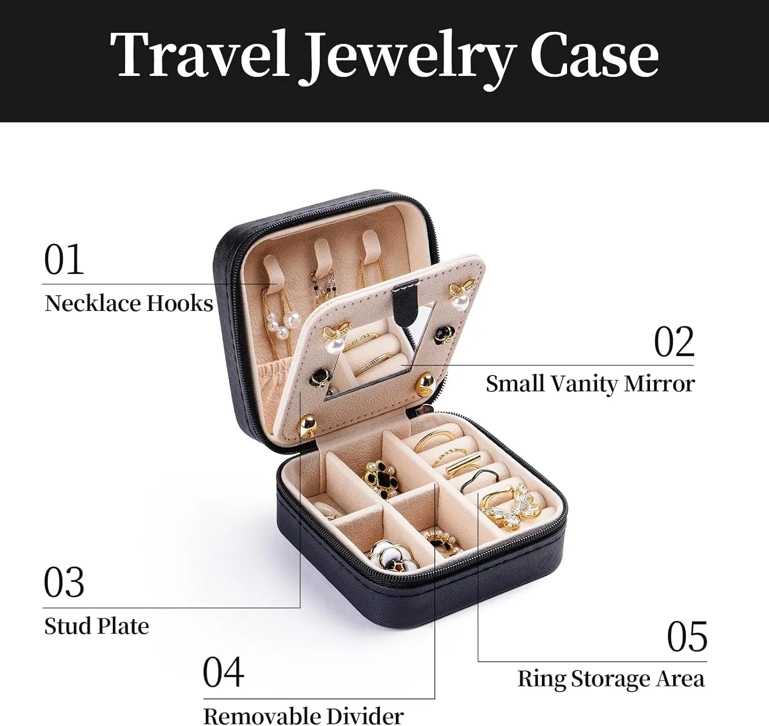 CASEGRACE Travel Jewelry Case, Small Jewelry Box with Mirror Design Portable Jewelry Travel Organizer Display Storage Case for Rings Earring Necklace Bracelet, Gift for Women, Black