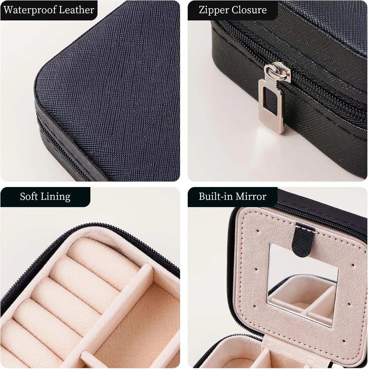 CASEGRACE Travel Jewelry Case, Small Jewelry Box with Mirror Design Portable Jewelry Travel Organizer Display Storage Case for Rings Earring Necklace Bracelet, Gift for Women, Black