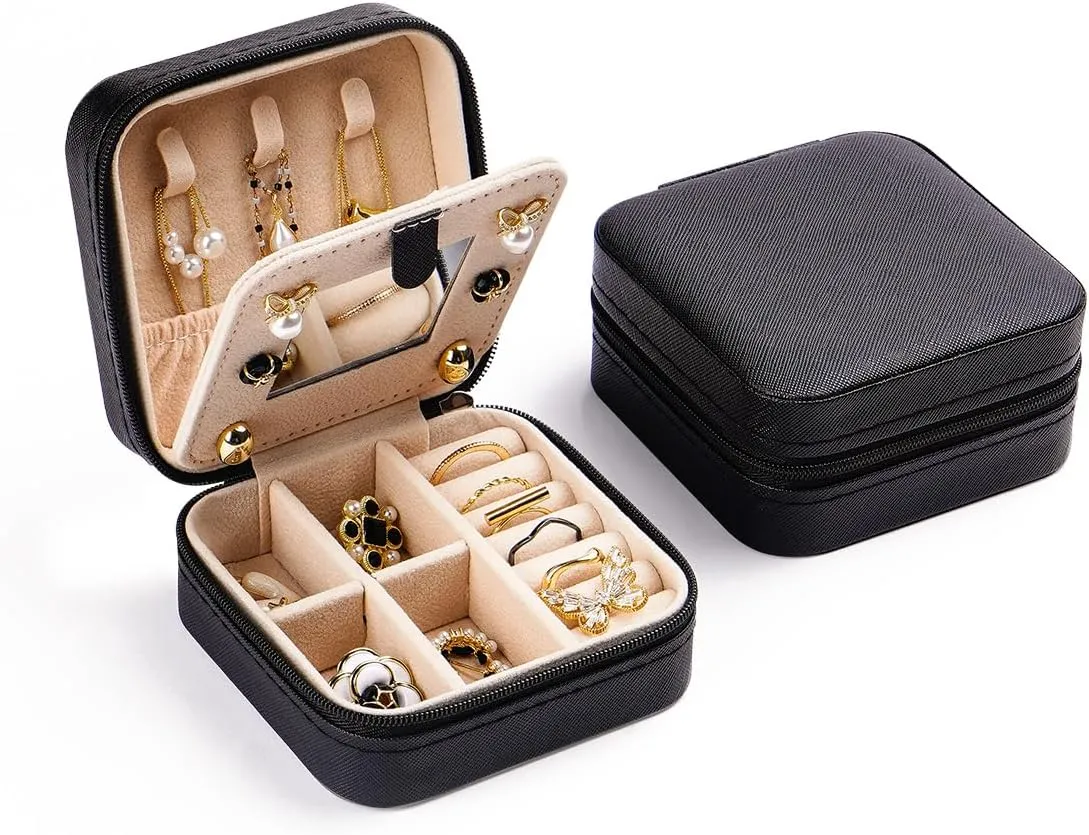 CASEGRACE Travel Jewelry Case, Small Jewelry Box with Mirror Design Portable Jewelry Travel Organizer Display Storage Case for Rings Earring Necklace Bracelet, Gift for Women, Black