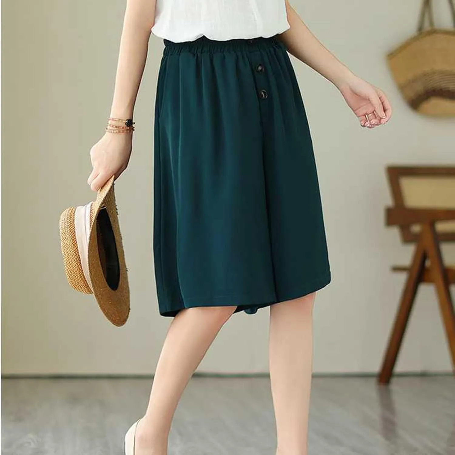 Casual Linen Shorts for Women High Waisted Wide Leg Drawstring Shorts Summer Embroidery Beach Shorts 2025 Outfit