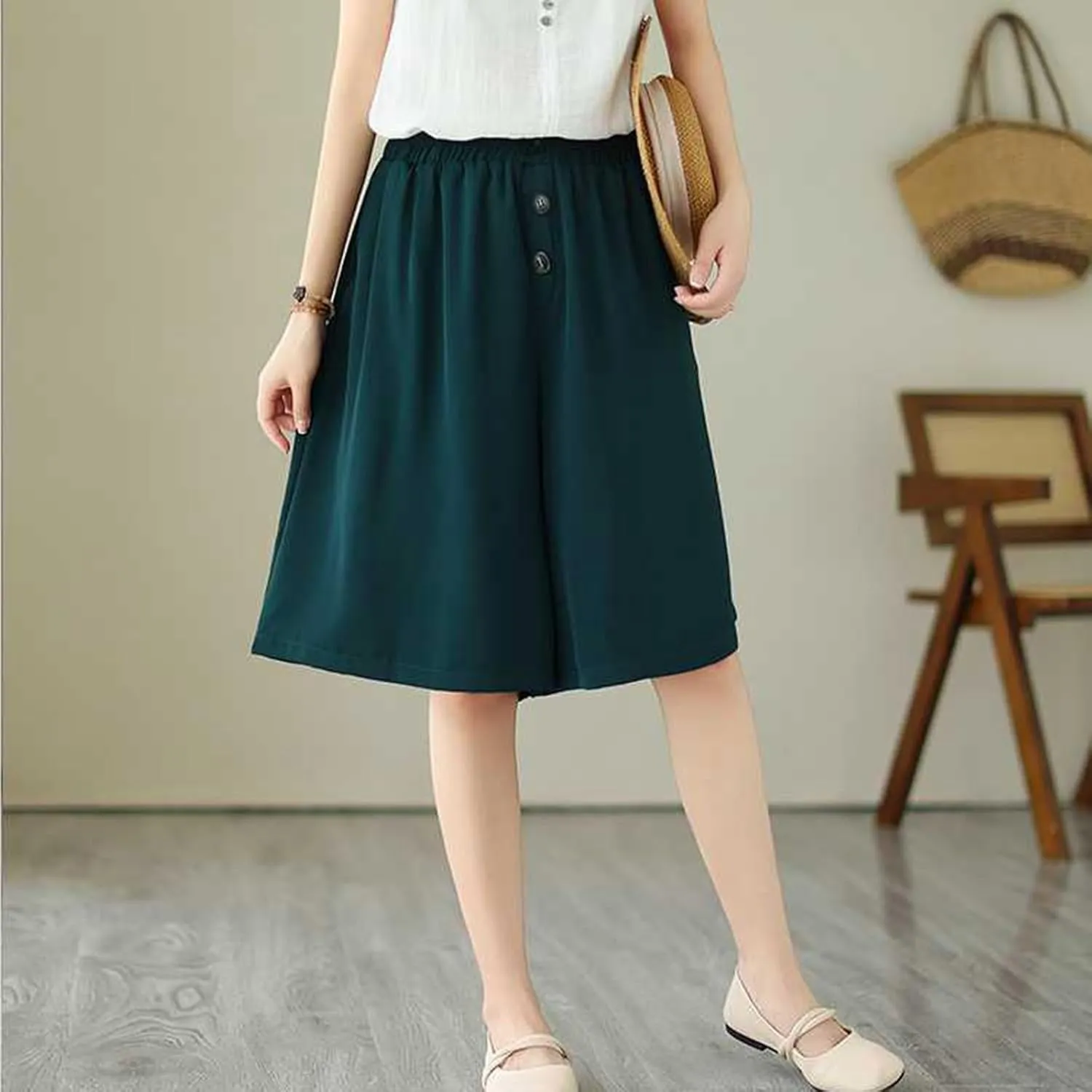 Casual Linen Shorts for Women High Waisted Wide Leg Drawstring Shorts Summer Embroidery Beach Shorts 2025 Outfit