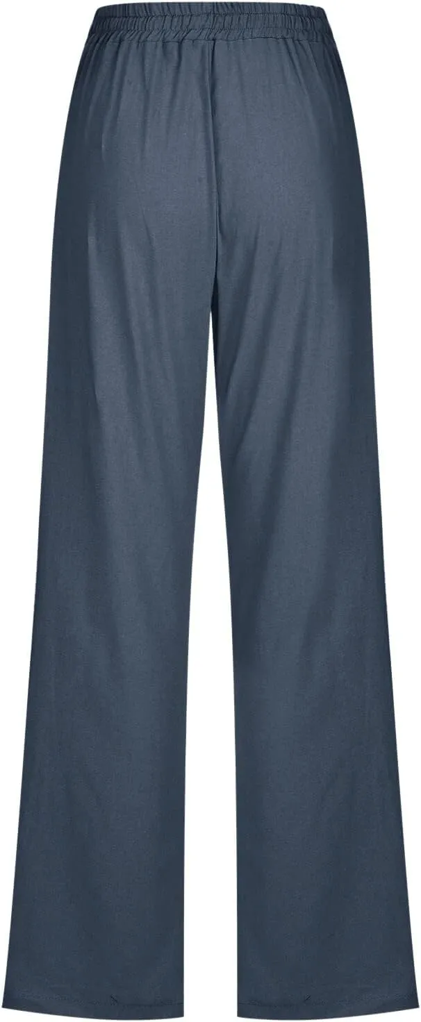 Casual Pants for Women Wide Leg Linen Pants Women Summer Beach Pants Drawstring High Waisted Palazzo Trousers Yoga Pants