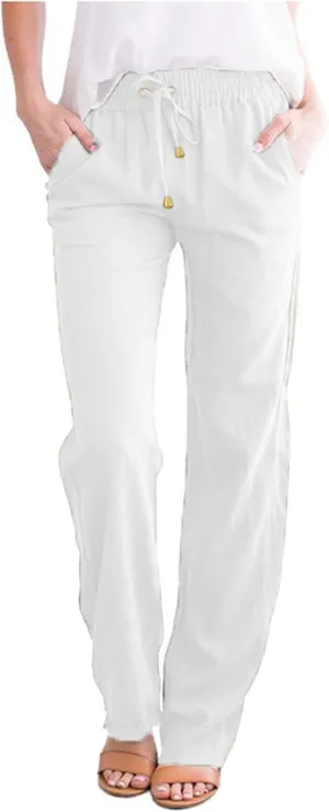 Casual Pants for Women Wide Leg Linen Pants Women Summer Beach Pants Drawstring High Waisted Palazzo Trousers Yoga Pants