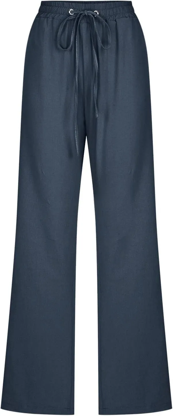 Casual Pants for Women Wide Leg Linen Pants Women Summer Beach Pants Drawstring High Waisted Palazzo Trousers Yoga Pants