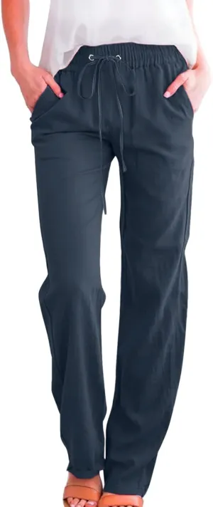 Casual Pants for Women Wide Leg Linen Pants Women Summer Beach Pants Drawstring High Waisted Palazzo Trousers Yoga Pants