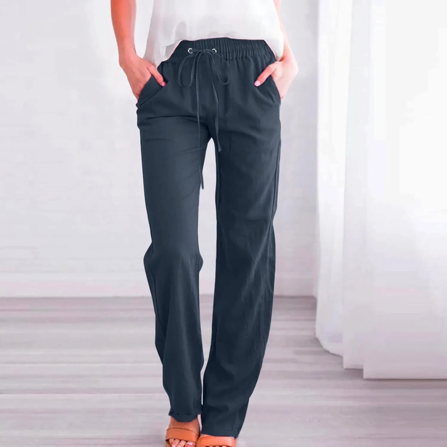 Casual Pants for Women Wide Leg Linen Pants Women Summer Beach Pants Drawstring High Waisted Palazzo Trousers Yoga Pants