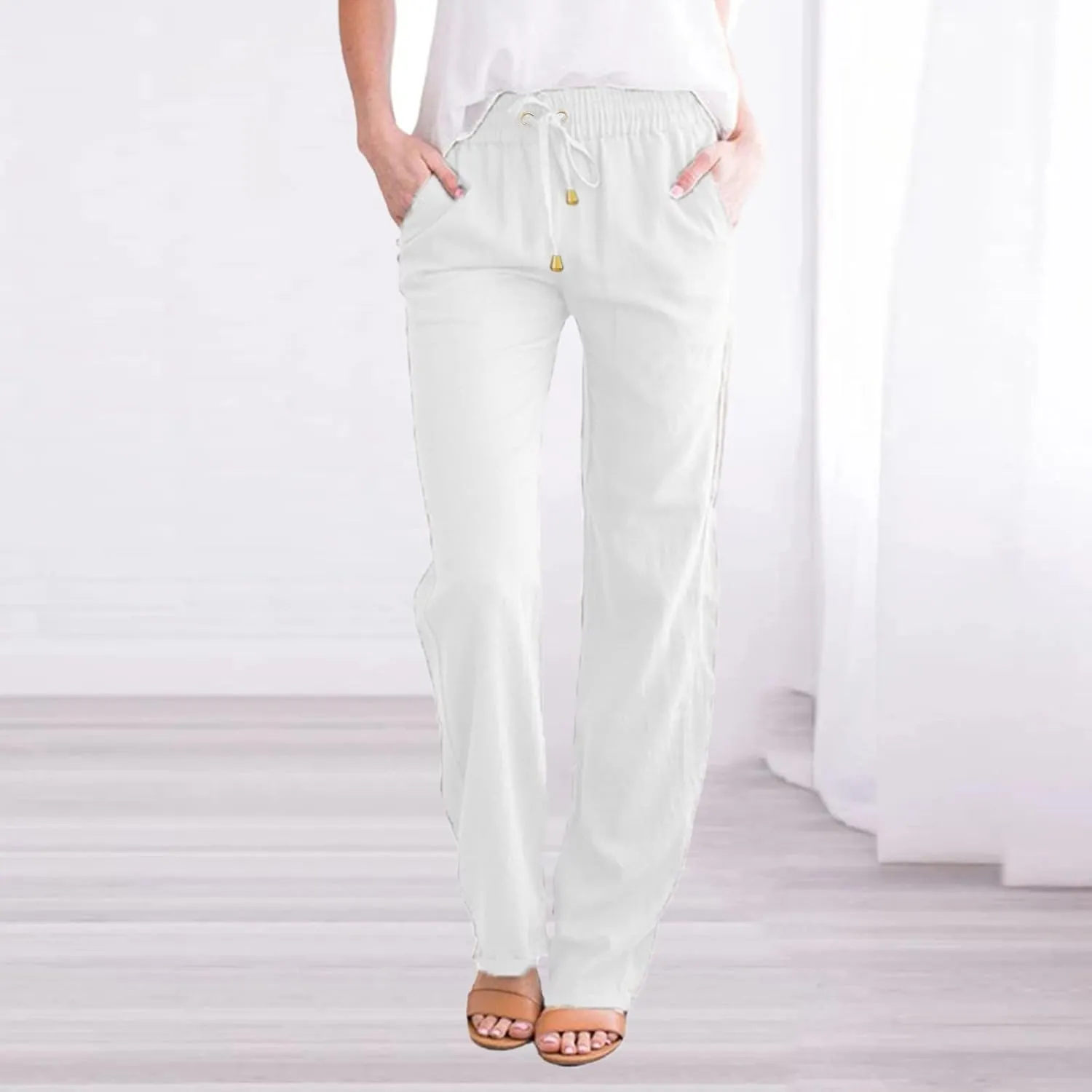 Casual Pants for Women Wide Leg Linen Pants Women Summer Beach Pants Drawstring High Waisted Palazzo Trousers Yoga Pants
