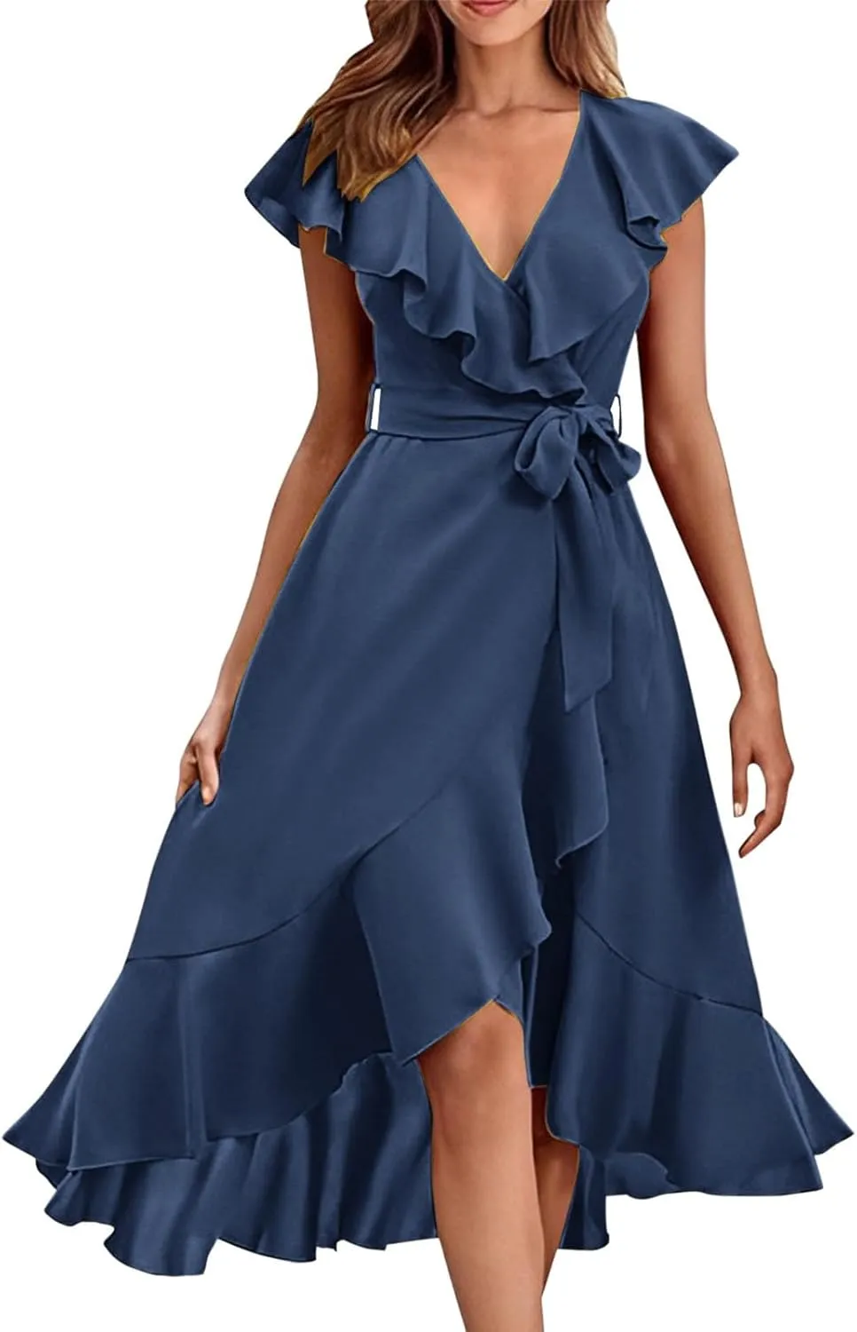 Casual Summer Dresses for Women 2025,Women's Wrap Midi Solid Color Dress Boho Deep V Neck Wedding Guest Long Dresses