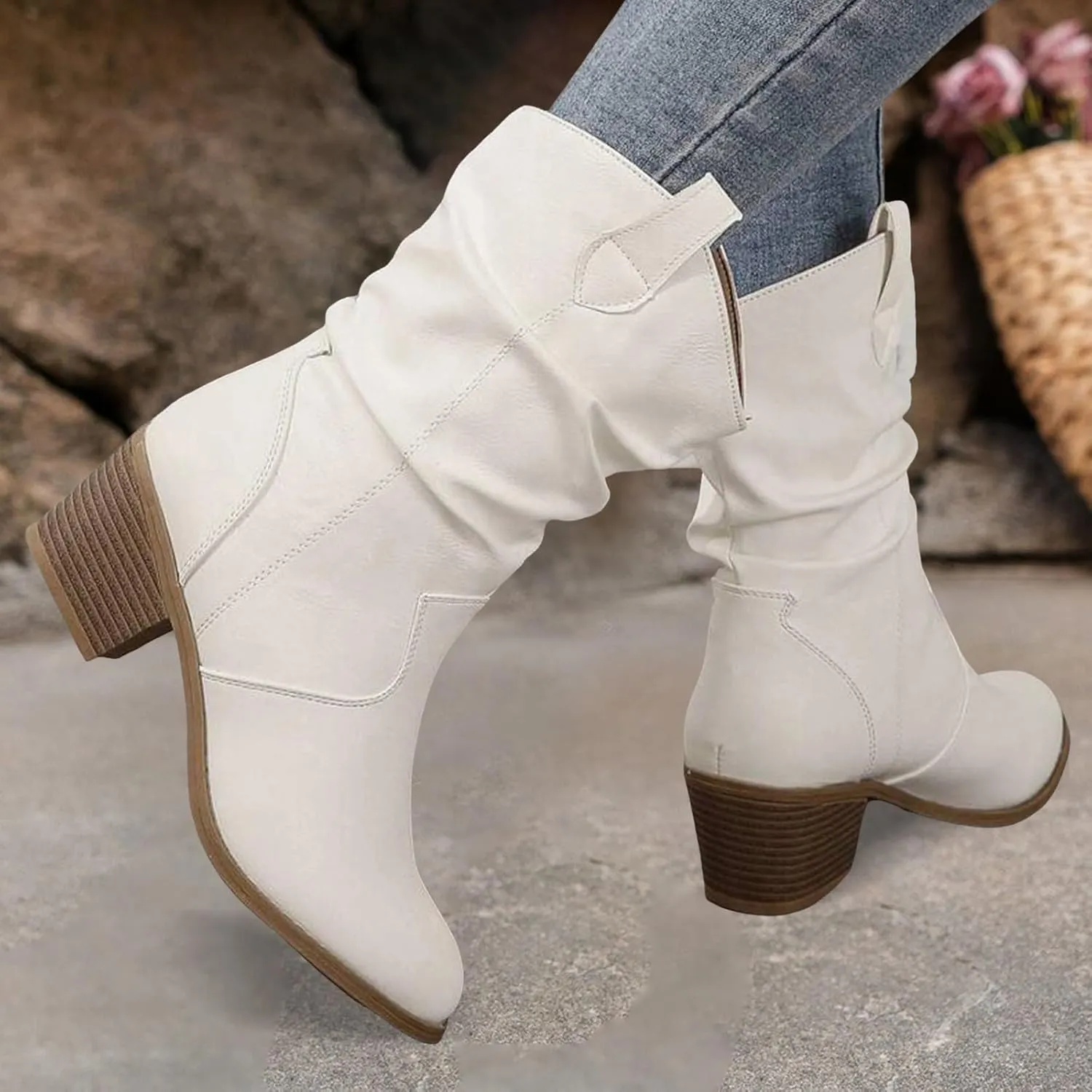 Cathalem Cowboy Boots for Women, Cowboy Cowgirl Western Ankle Boots Low Chunky Heels Square Toe Fall Short Booties Shoes
