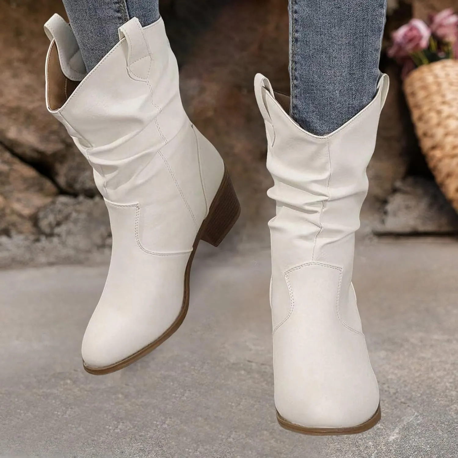 Cathalem Cowboy Boots for Women, Cowboy Cowgirl Western Ankle Boots Low Chunky Heels Square Toe Fall Short Booties Shoes