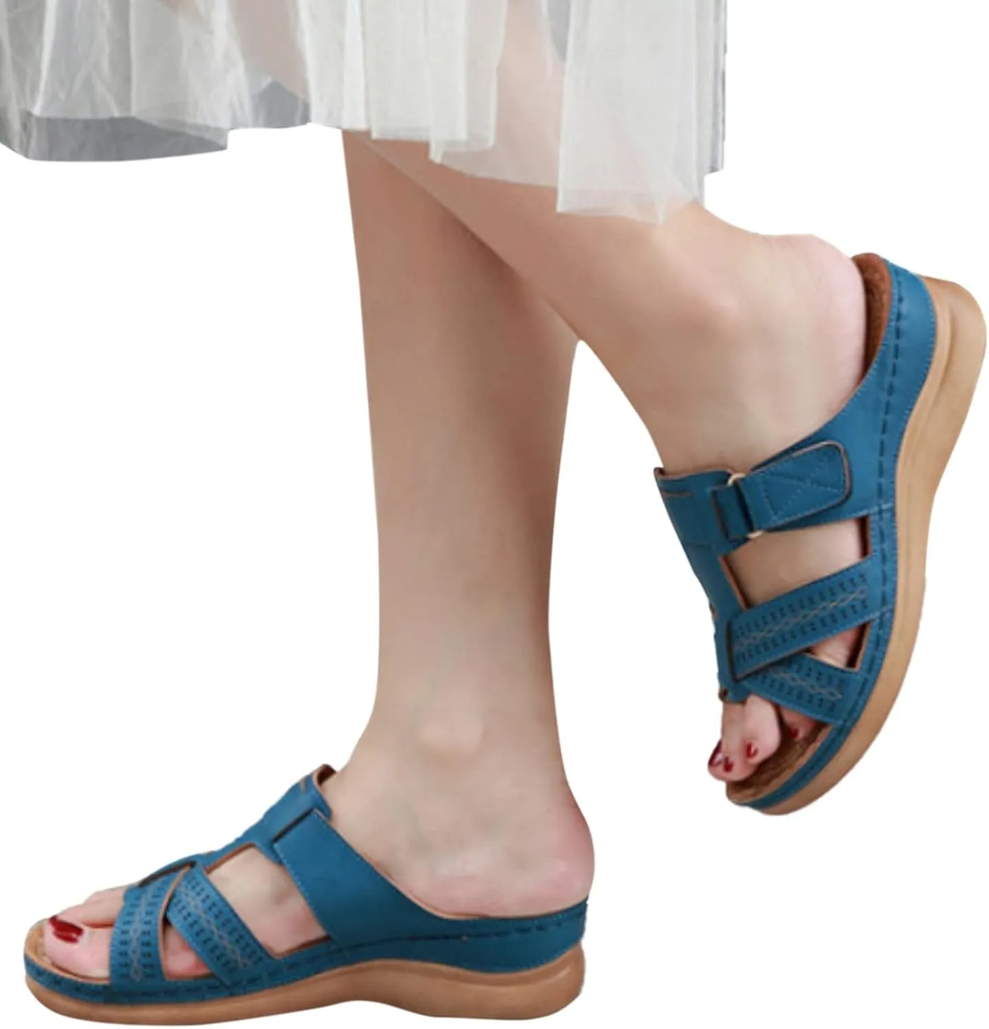 Cathalem Summer Sandals for Women 2024, Womens Orthopedic Wedge Heel Slip On Open Toe Mules Summer Sandals