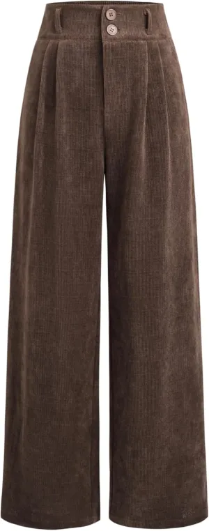 CIDER Corduroy High Waist Solid Pleated Wide Leg Trousers