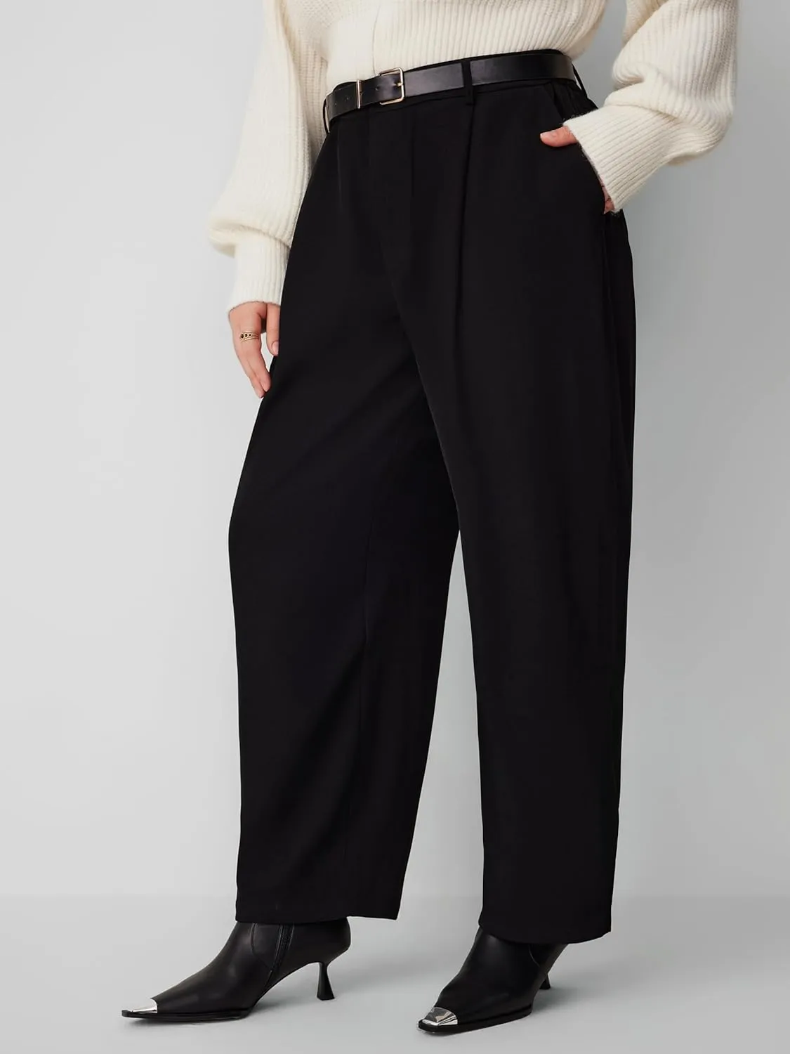 CIDER High Waist Solid Tapered Trousers with Belt Curve & Plus