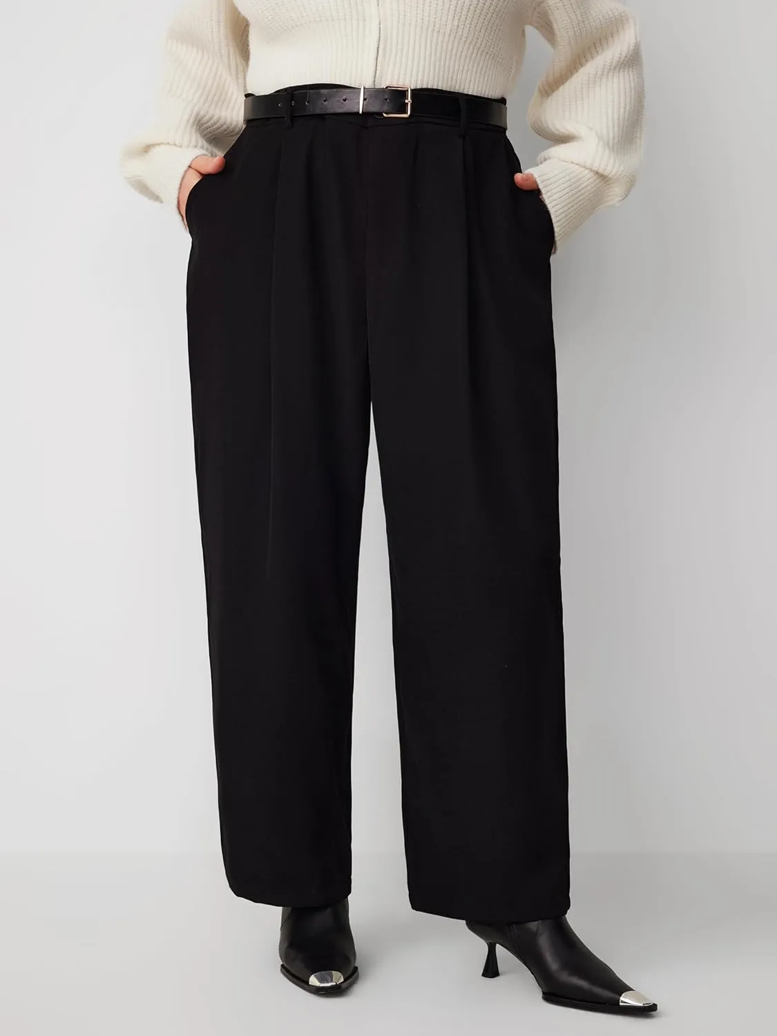 CIDER High Waist Solid Tapered Trousers with Belt Curve & Plus