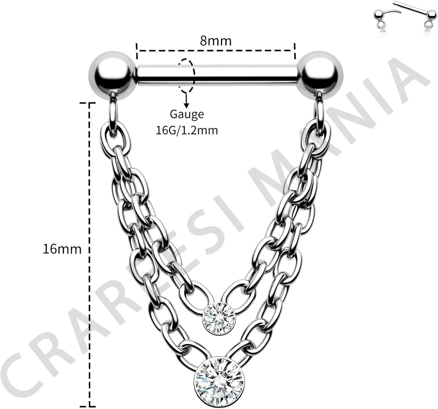 CM Crareesi Mania Chain Septum Rings 16G Double Septum Jewelry 316L Stainless Steel Threaded Septum Ring Push in Chain Septum Piercing Jewelry Dangle CZ Septum Jewelry