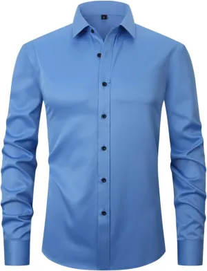 corfty Men Long Sleeve Dress Shirt - Regular Fit Stretch Free-Wrinkle Button Down Shirt