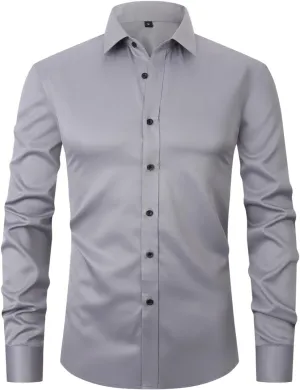 corfty Men Long Sleeve Dress Shirt - Regular Fit Stretch Free-Wrinkle Button Down Shirt