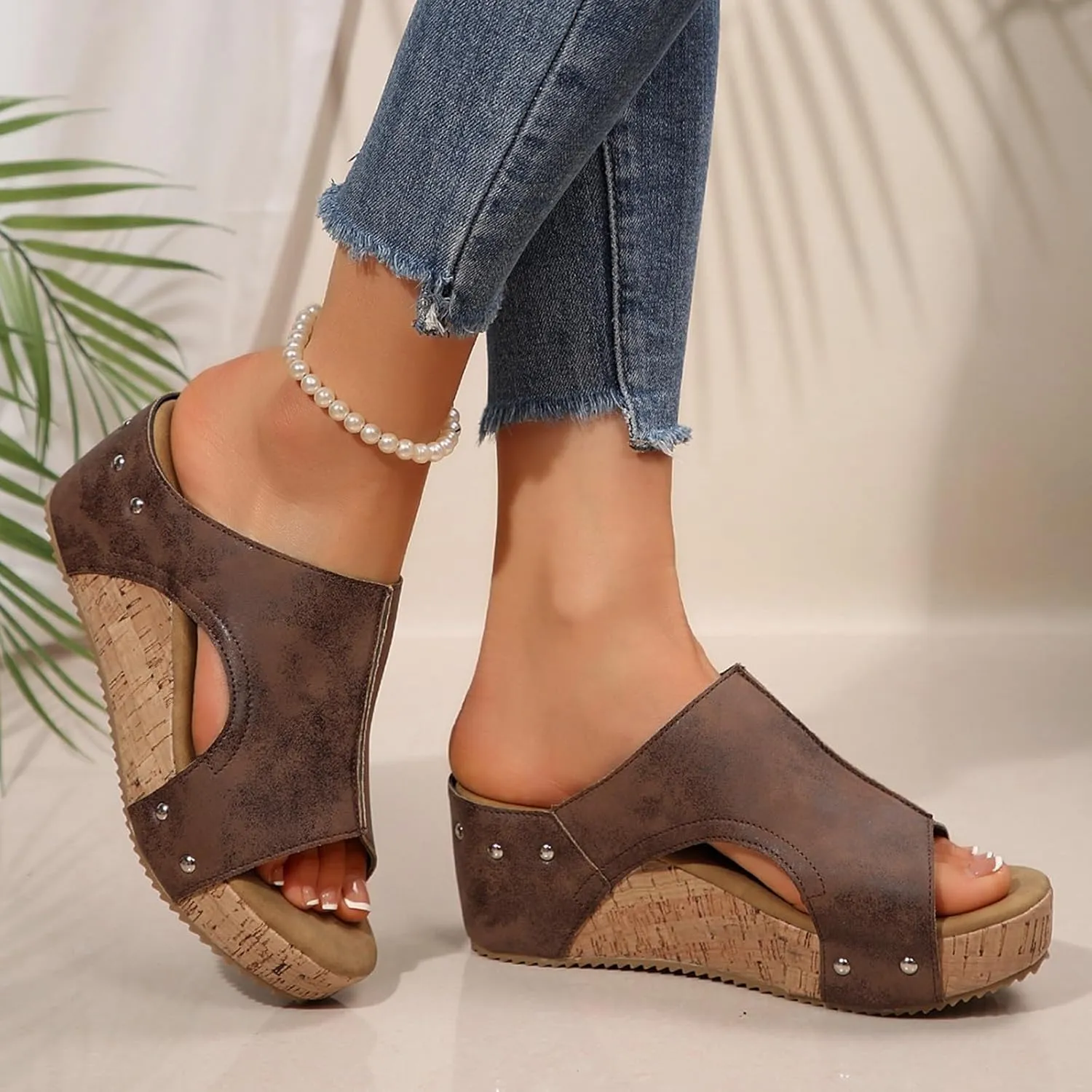 Cork Wedge Sandals for Women 2025 Summer Casual Trendy Comfy Wide Foot Thick Sole Leather Wedge Platform Sandals