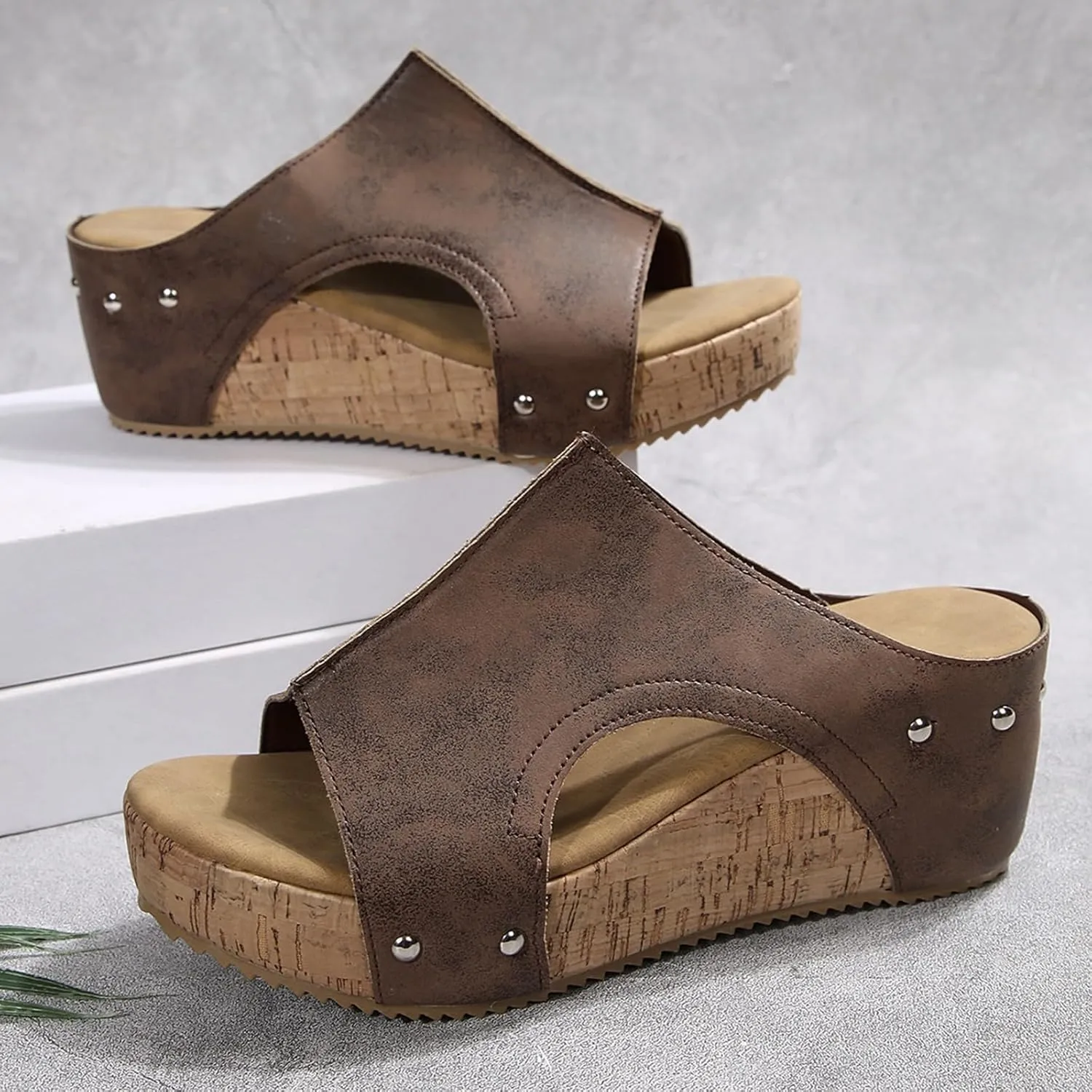 Cork Wedge Sandals for Women 2025 Summer Casual Trendy Comfy Wide Foot Thick Sole Leather Wedge Platform Sandals