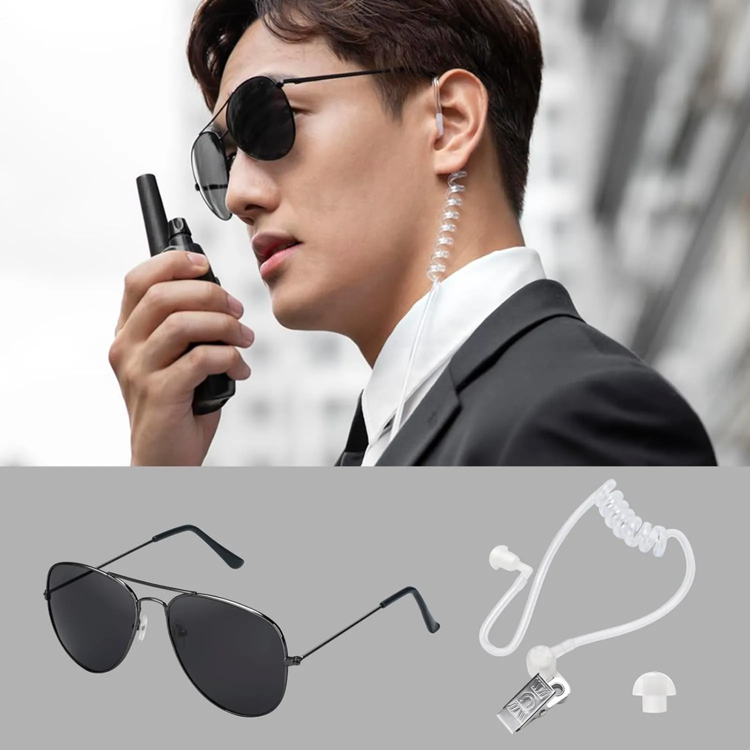 Cosplay Toy Spy Earpiece Headphones and Black Sunglasses, Secret Service Security Guard Ear Piece Costume Accessory Kit, Ring Security Wedding Ring Bearer Gifts Men Props in Black