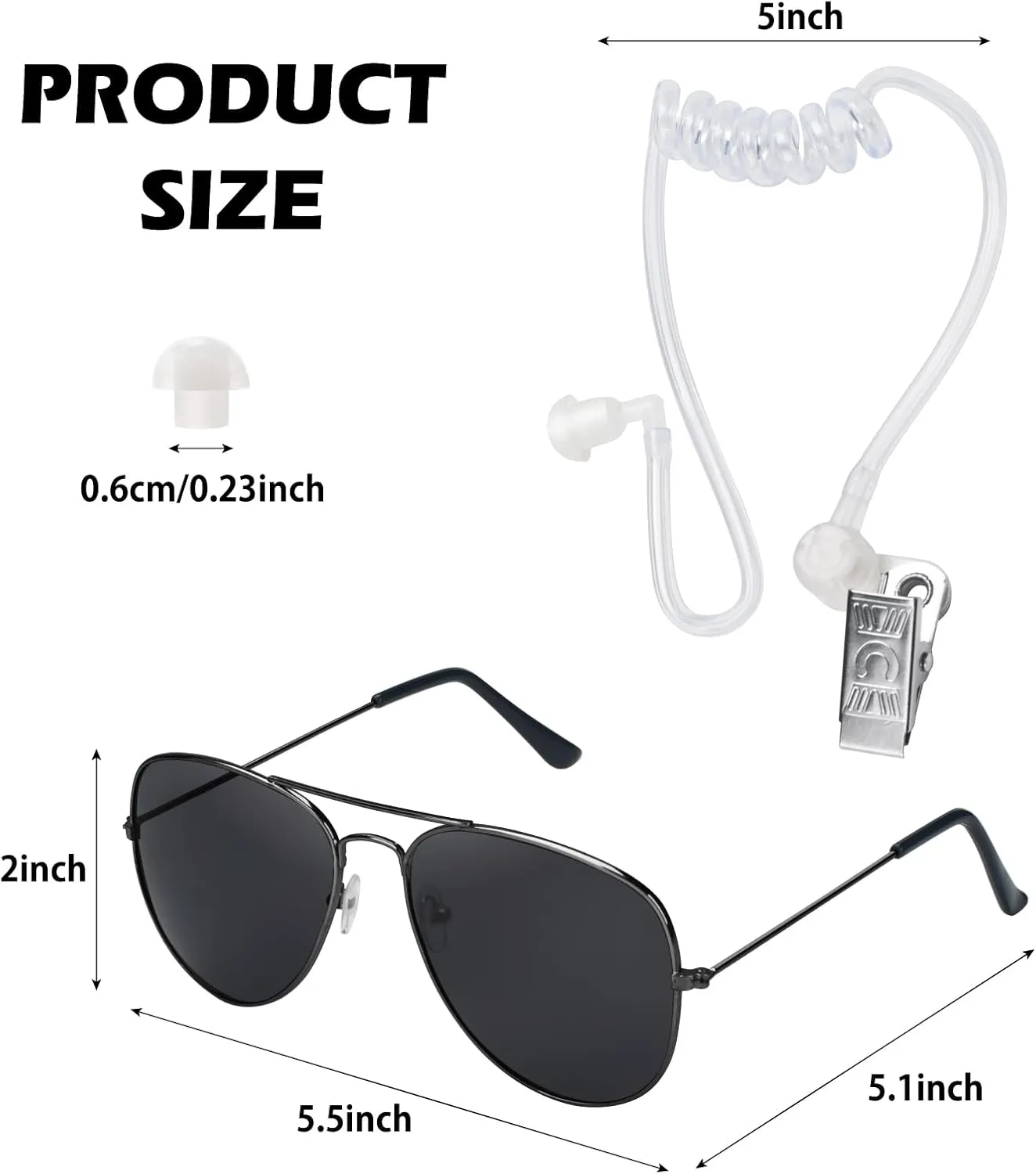 Cosplay Toy Spy Earpiece Headphones and Black Sunglasses, Secret Service Security Guard Ear Piece Costume Accessory Kit, Ring Security Wedding Ring Bearer Gifts Men Props in Black