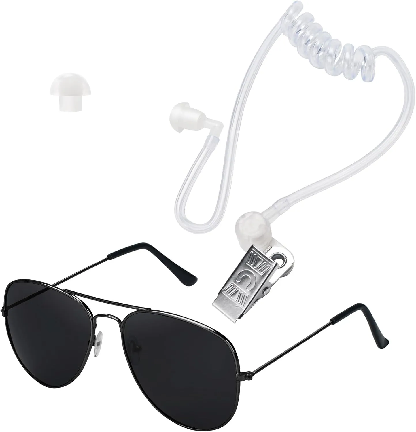 Cosplay Toy Spy Earpiece Headphones and Black Sunglasses, Secret Service Security Guard Ear Piece Costume Accessory Kit, Ring Security Wedding Ring Bearer Gifts Men Props in Black