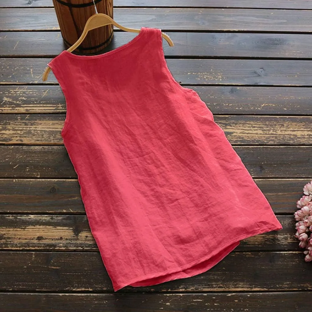 Cotton Linen Tank Tops for Women Scoop Neck Button Down Summer Basic Casual Sleeveless Loose Fit T-Shirt