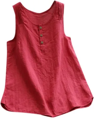 Cotton Linen Tank Tops for Women Scoop Neck Button Down Summer Basic Casual Sleeveless Loose Fit T-Shirt