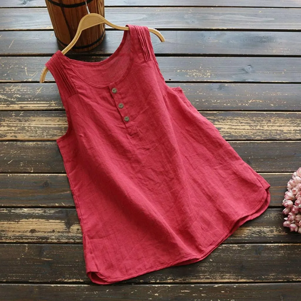 Cotton Linen Tank Tops for Women Scoop Neck Button Down Summer Basic Casual Sleeveless Loose Fit T-Shirt