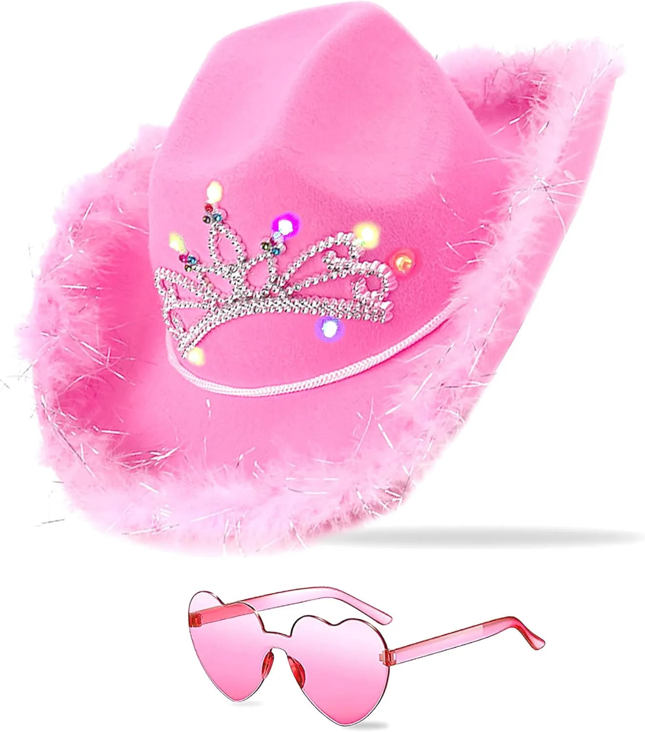 Cowboy Hat Pink Cowgirl Hat with Sequins & Tiara Crown for women Rodeo Party Hats with Heart Glasses