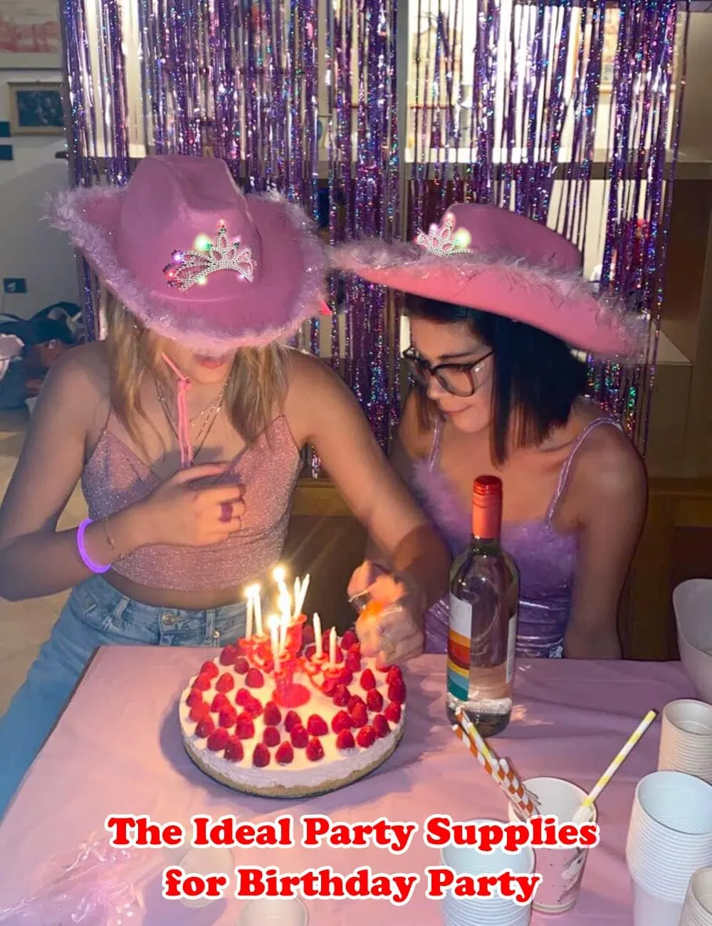 Cowboy Hat Pink Cowgirl Hat with Sequins & Tiara Crown for women Rodeo Party Hats with Heart Glasses