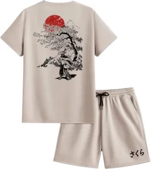 COZYEASE Men's 2 Pieces Outfits Graphic Print Short Sleeve T-Shirt And Drawstring Shorts Set
