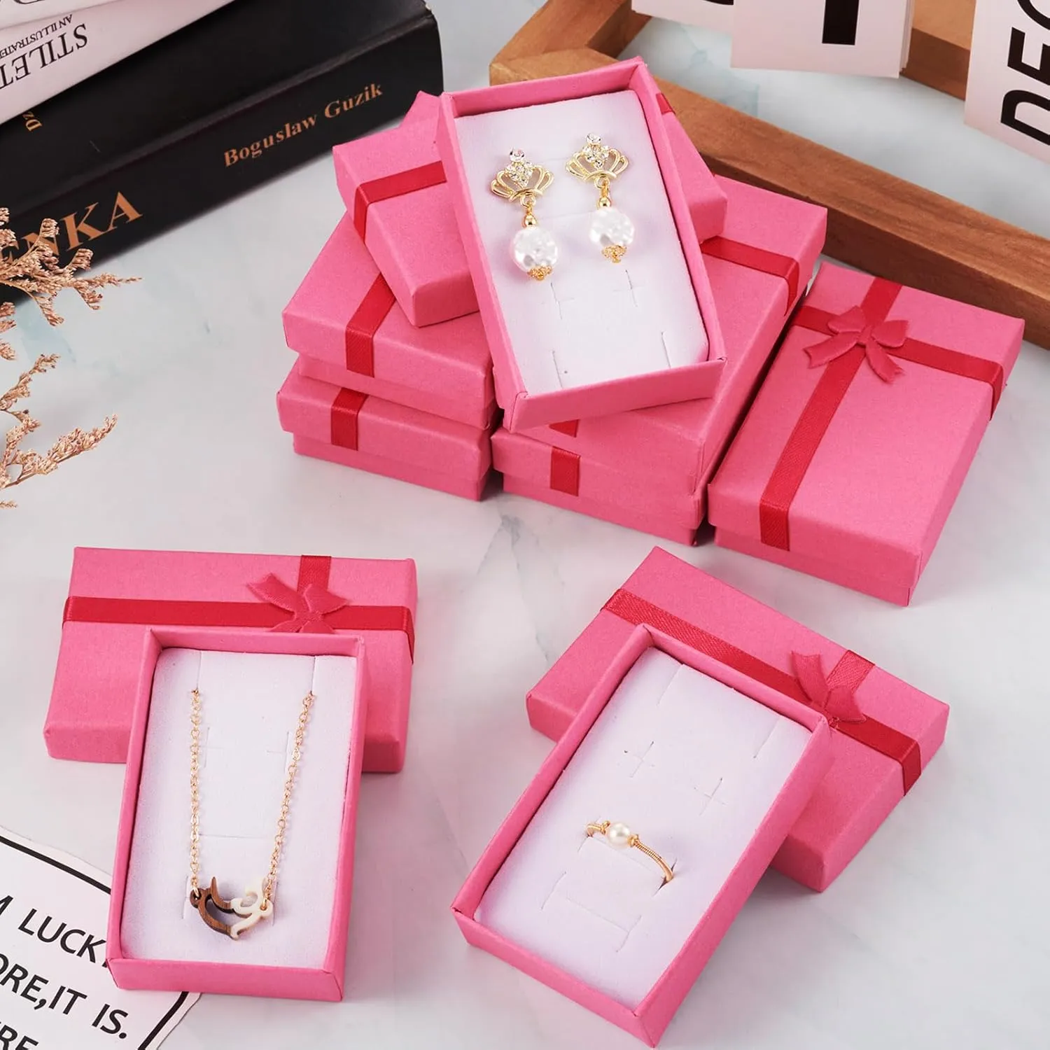 Craftdady 12pcs Pink Jewelry Gift Boxes Necklace Earring Finger Ring Cute Jewelry Boxes Small Gift Boxes With Lids Bowknot for Valentines Day Jewelry Display Holder Organizer