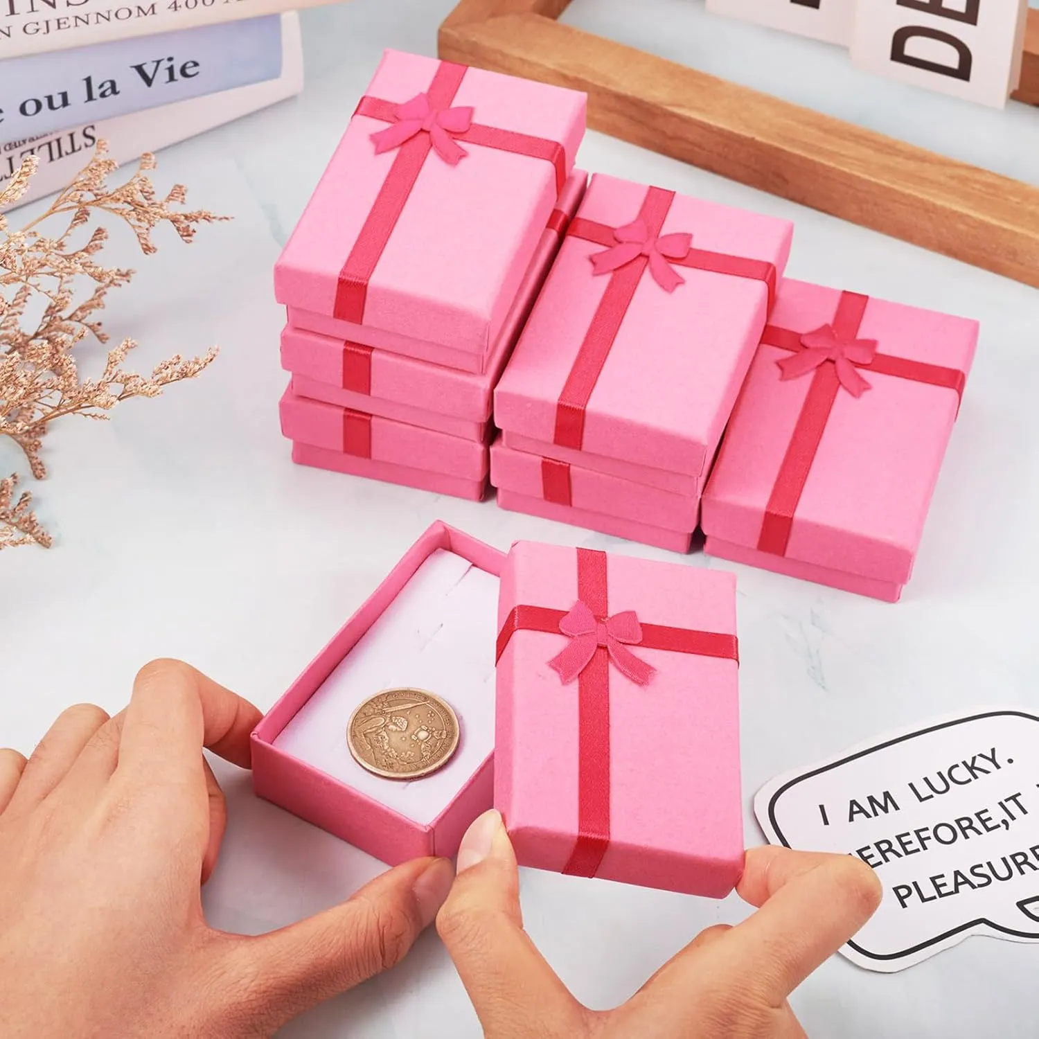 Craftdady 12pcs Pink Jewelry Gift Boxes Necklace Earring Finger Ring Cute Jewelry Boxes Small Gift Boxes With Lids Bowknot for Valentines Day Jewelry Display Holder Organizer